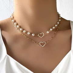wholesale jewelry hollow heart pendant double-layer pearl necklace nihaojewelry
