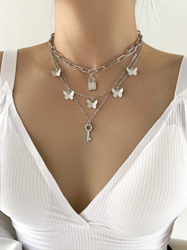 jewelry butterfly lock key pendant multi-layer necklace—1