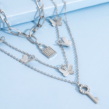 jewelry butterfly lock key pendant multi-layer necklace—3