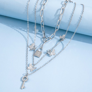 jewelry butterfly lock key pendant multi-layer necklace—4