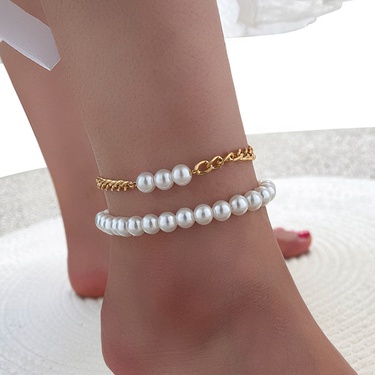 jewelry simple pearl splicing chain anklet two-piece set—1