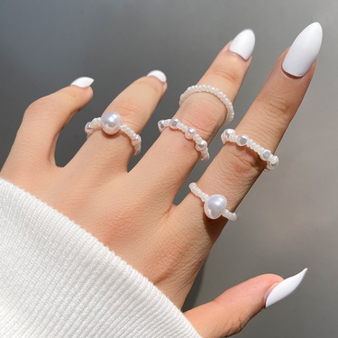 simple pearl beads ring five-piece set—1