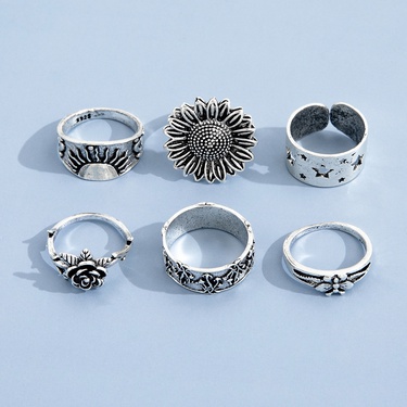 fashion sunflower butterfly carved five-pointed star ring six-piece set—3