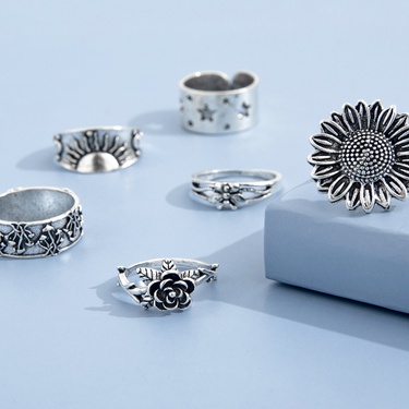 fashion sunflower butterfly carved five-pointed star ring six-piece set—4