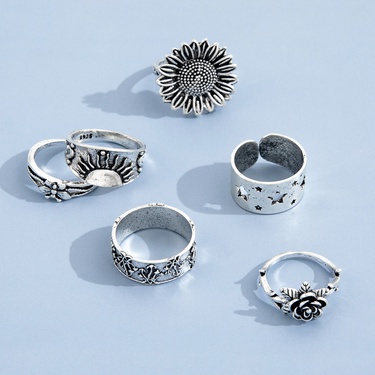 fashion sunflower butterfly carved five-pointed star ring six-piece set—5