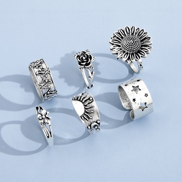 fashion sunflower butterfly carved five-pointed star ring six-piece set—6