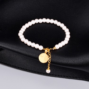 S22 Japanese and Korean Temperamental Fu Character Round Brand Shell Pearl and Pearl Bracelet Trendy Female Slingshot Buckle Blessing Card Hand Jewelry—2