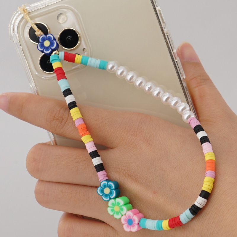 soft pottery flower beaded bohemian style mobile phone chain wholesale Nihaojewelry