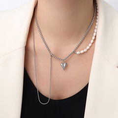 wholesale fashion natural freshwater pearl stitching chain tassel titanium steel necklace Nihaojewelry