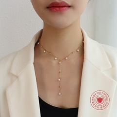 wholesale simple imitation pearl tassel titanium steel 18k gold clavicle chain Nihaojewelry