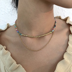 N9055 European and American Simple Color Bead Necklace Bohemian Vintage Necklace Contrast Color Alloy Double-Layer Clavicle Chain