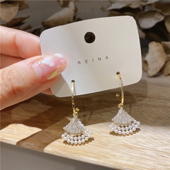 Korea S925 Silver Needle Micro-inlaid zircon pearl double fan-shaped earrings wholesale nihaojewelry