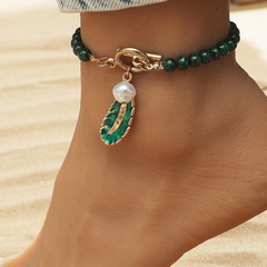 European and American Retro Ethnic Style Fashion Malachite Dripping Oil Leaf Pearl Anklet Bracelet Personality OT Buckle Bracelet Foot Ornaments