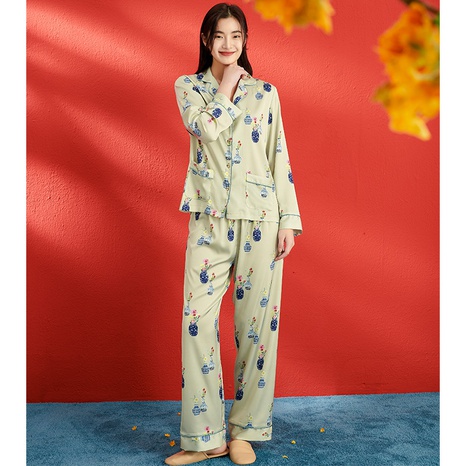 Yao Ting New Satin Chiffon Pajamas Women's Spring and Summer Antique Long-Sleeved Trousers Home Wear Two-Piece Suit 2227's discount tags