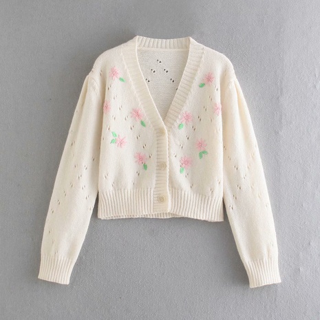 retro hollow embroidery V-neck knitted cardigan wholesale Nihaojewelry's discount tags
