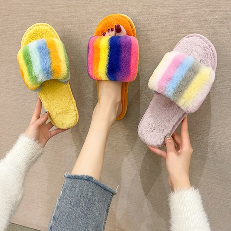New rainbow plush slip-toe home slippers wholesale Nihaojewelry's discount tags