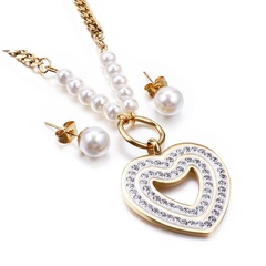 creative heart-shaped inlaid zircon pearl earrings necklace two-piece wholesale Nihaojewelry