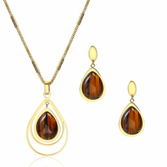 European and American Fashion New Style Tear Stone Water Drop 18K Gold Necklace Stud Earrings Women's Elegant Titanium Steel Raindrop Set Jewelry
