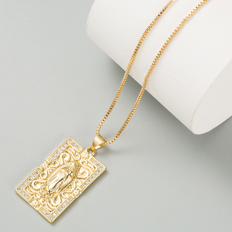 Retro Jungfrau Maria geschnitzte quadratische Kupfer vergoldet eingelegte Zirkon Halskette Grohandel nihaojewelry