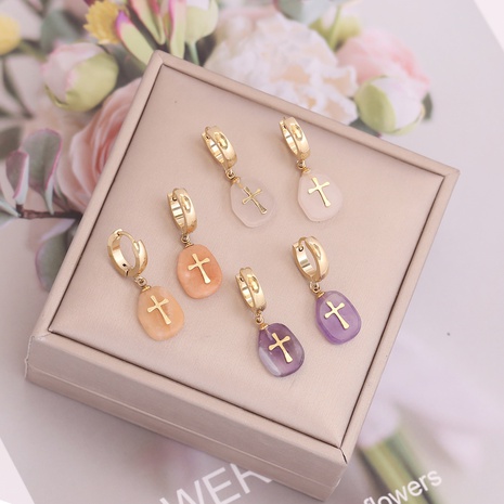 Ornament Natural Stone Cross Earrings Female Personality Fashion Europe and America Cross Border Earrings E382's discount tags