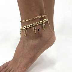 A0070 Cross-Border Exaggerated Cuban Link Chain Accessories Micro-Inlaid Clip Anklet Women's Retro Temperament Multi-Layer Rhinestone Foot Ornaments