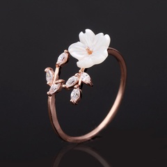 Korean Korean Style Rose Gold Plated Beautiful Elegant Zircon Branches Leaves Shell Flower Ring Open Ring Mixed Batch