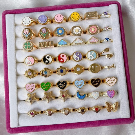 Vintage Smiley Sonnenblume Herz Farbe Tropfen Öl Ring Großhandel nihaojewelry's discount tags