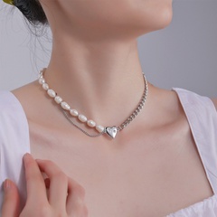 Korean heart micro-inlaid zircon pearl titanium steel clavicle chain wholesale Nihaojewelry