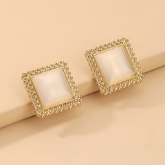 925 Silver Needle Retro Simple Square Opal Stone Ear Studs European and American Ins French Fashion Personality High Class Elegant Earrings