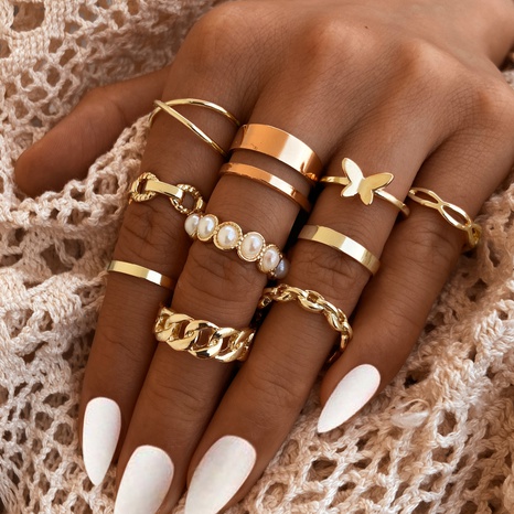 Conjunto de 10 piezas de anillo de mariposa de perlas con incrustaciones retro al por mayor Nihaojewelry's discount tags
