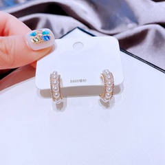 High-End Korean-Style Korean Earrings Women's Sterling Silver Needle Refined Zircon Micro-Inlaid C- Ring Pearl Stud Earrings Cross-Border Sold Jewelry