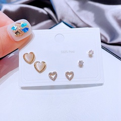 Japanese And Korean Fashion One Card Three Pairs Earrings Set Sterling Silver Needle Simple Elegant Zircon Opal Heart-Shaped Earrings
