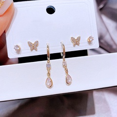 Japanese and Korean Fashion One Card Three Pairs Earrings Set Simple Refined Zircon Micro Inlaid Water Drops Butterfly Studs Ear Clip Women