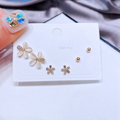 Japanese and Korean Trendy Earrings Set Sterling Silver Needle Fresh One Card Three Pairs Opal Zircon Flower Stud Earrings for Women