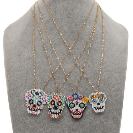 Halloween Color Beaded Skull Pendant Stainless Steel Necklace Wholesale Nihaojewelry's discount tags