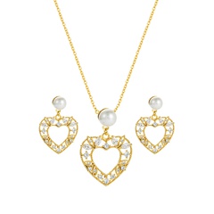 Hollow Heart-shaped Pearl Pendant Korean Style Earrings Necklace Set wholesale jewelry Nihaojewelry