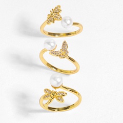 INS Trendy High-Grade Light Luxury Butterfly Bee Dragonfly Open-End Pearl Ring Special-Interest Design Fashion Ring Rin03