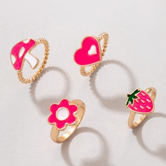 creative jewelry red peach heart mushroom drip oil four-piece ring flower ring set