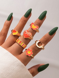 2021 Amazon new jewelry peach heart flower drop oil ring six-piece butterfly ring set