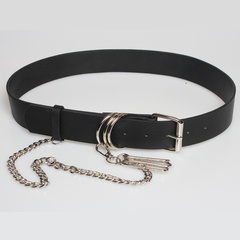 Women's PU Leather All-Match Concave Shape Chain Ring Decorative Belt with Skirt Ins Pant Belt Slimming Waist Seal Black