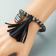 Elastic cord brushed beads leather alloy color bar bracelet