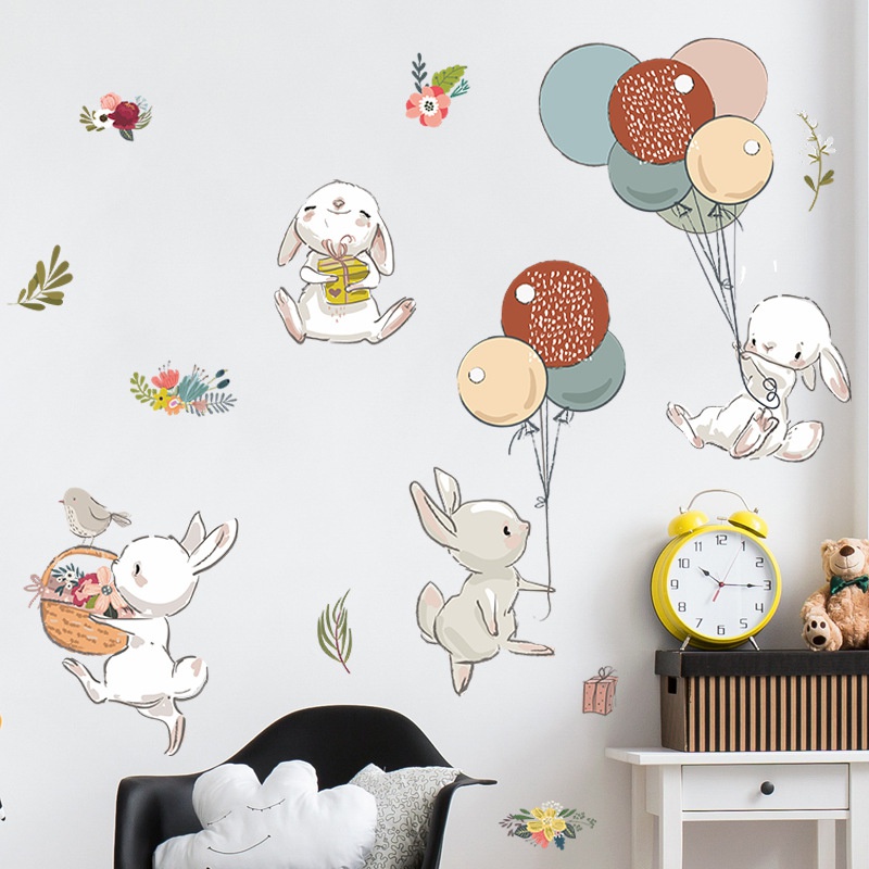 New FXD240 Bunny Balloon Flower Childrens Bedroom Hallway Wall Beautifying Decorative Wall Sticker SelfAdhesive