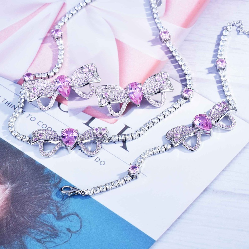 Hoher Sinn fr Licht Luxus Mode voller Diamantschleife rosa Zirkonium Choker Schlsselbein Kette Halskette Halskette Halskette Armband Ohrringe Set
