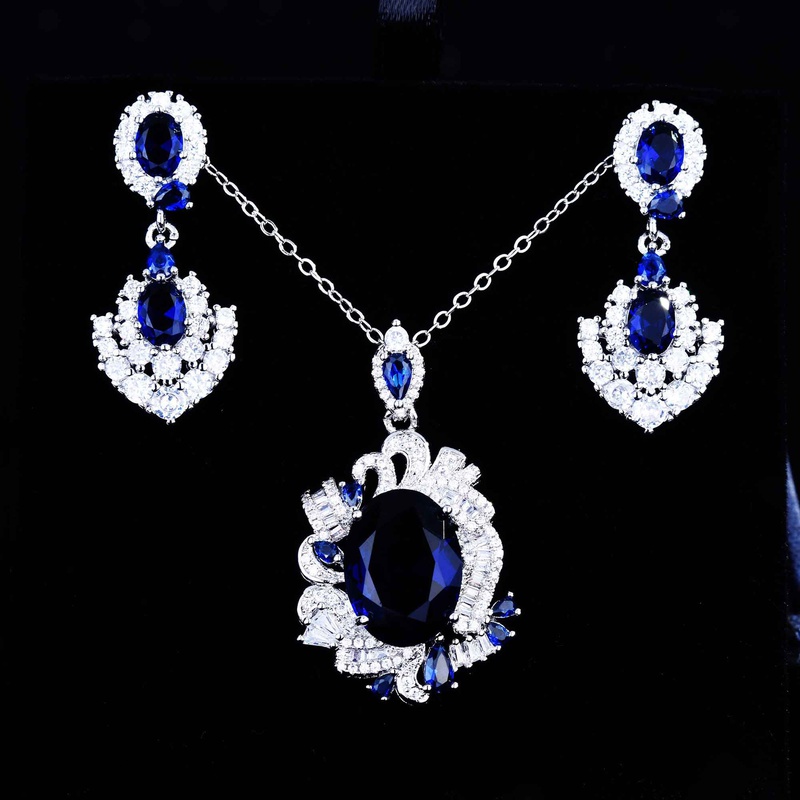 Couture Schmuck Design Royal Saphir Set Nachahmung natrlicher Tansanit Farbe Schatz Ohrringe Anhnger Halskette Damen