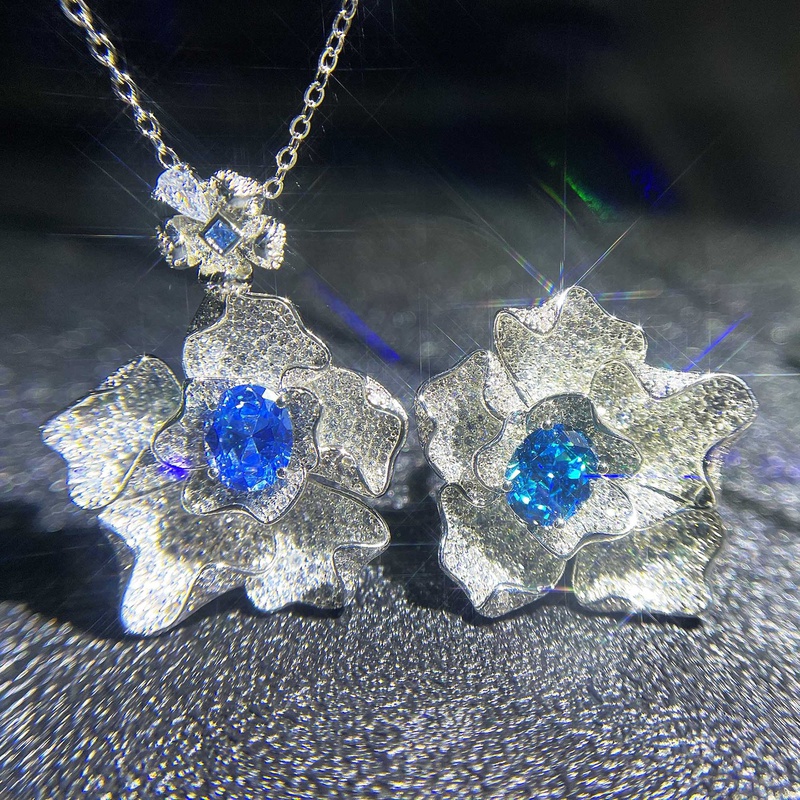 Luxus voller Diamant Aquamarin Schweizer blauer Topas Blume Taubenei Halskette Anhnger