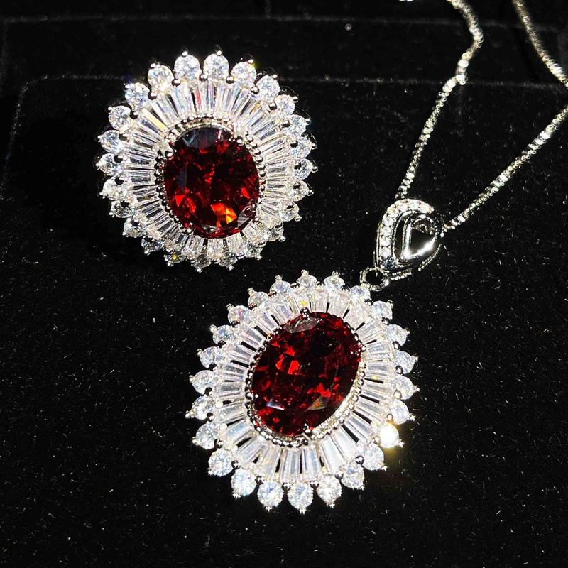 Nouveau luxe plein de zirconium grenade rubis ensemble net rouge recommand bijoux haut de gamme collier pendentif anneau ouvert