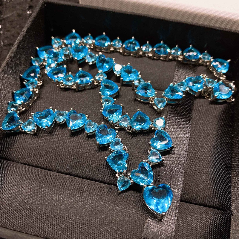 neue VolldiamantHalskette mit Intarsien Schweizer Topa blauer Farbschatz herzfrmige Halskette