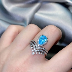 Douyin Live-Übertragung explosiver Stil Nachahmung natürlicher Aquamarin Krone Diamantring High-End-Design Perle Farbe Schatz Stapel Ring Frauen