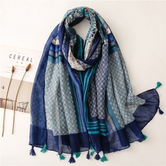 Autumn and winter new style cotton and linen scarf geometric small grid contrast printing Bali yarn travel sunscreen shawl silk scarf