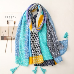 Retro literary ethnic style color geometric cotton and linen feel scarf warm sunscreen silk scarf travel shawl